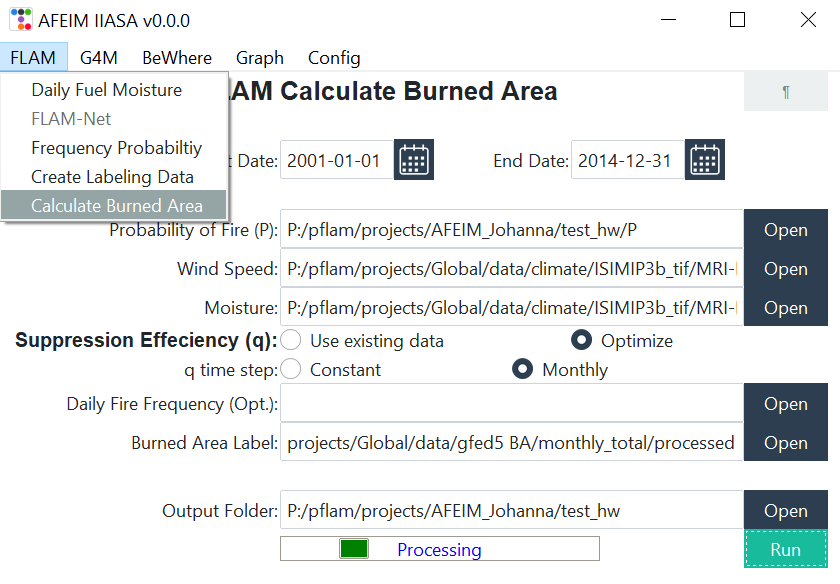 FLAM Calculate Burned Area window