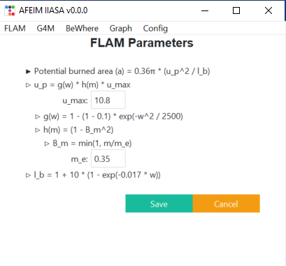 FLAM Parameters window (burned area)