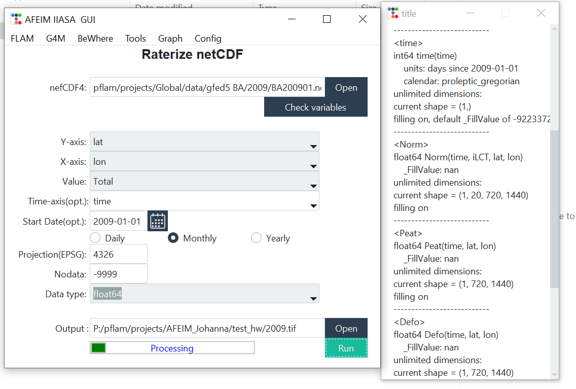 Rasterize netCDF window with the Check variables output